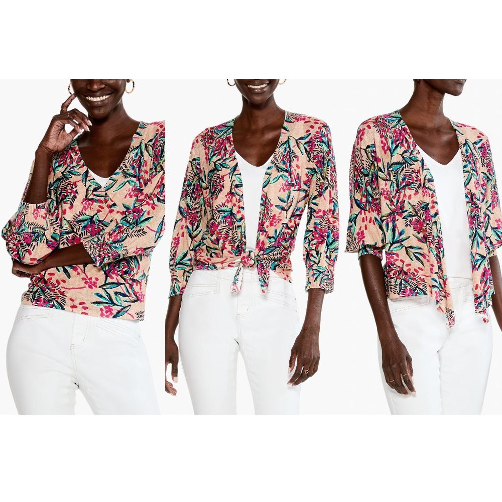 Nic + Zoe Cardigan Cherry Blossom Rayon Linen Floral Multicolor Small Petite